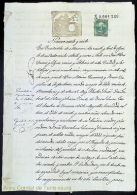 Escriptura de carta de pagament i cancel·lació d'hipoteca entre Gabriel Olives i Saura, quart com...