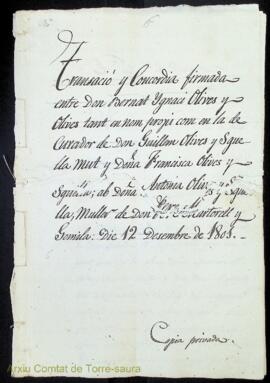 Transacción y Concordia firmada entre Don Bernat Ignaci Olives y Olives tant en nom propi com en ...