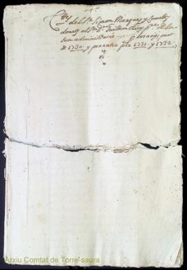 Comptes del Sr. Simon Marques y Comellas donats al Sr. D. Guillem Olives, pvre, de la seua admini...