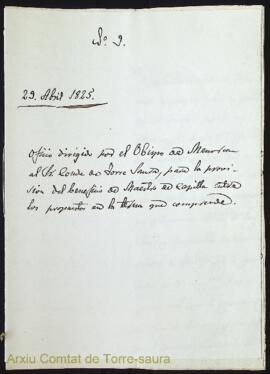 Oficio dirigido por el Obispo de Menorca al Sr. Conde de Torre Saura, para la provisión del benef...