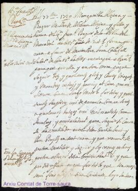 Procuració de Margarita Alzina des Mercadal, esposa de Nicolau Alzina, a favor de mestre Pere Joa...