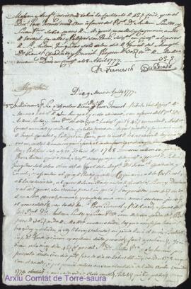 Venda de 43 lliures cens firmada per Pere Tremol a favor de Antoni Sintes pvre als 9 Abril 1777