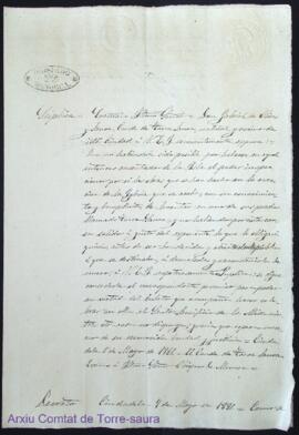 Súplica de Gabriel Olives i Saura, quart comte de Torre-saura, dirigida al bisbat de Menorca per ...