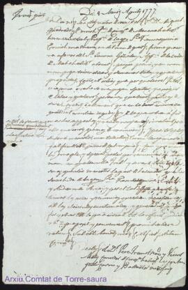 Poder firmat per Rnt. Dt. Miquel Quadrado pvre a favor del Sr. Jaume Goñalons als 8 Abril 1777