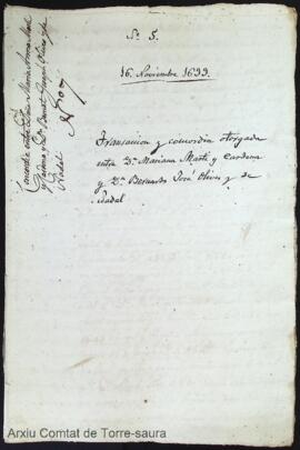 Transacción y concordia otorgada entre Dª Mariana Martí y Cardona y D. Bernardo José Olives y de ...