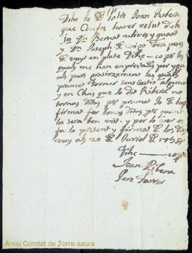 Rebut de lliurament d'una quantitat dinerària en concepte de préstec a Joan Ribera i Pere Ferrer ...
