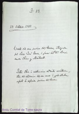 Venta de una porción de terreno, otorgada por Pedro José Torres, á favor de Dn. Bernardo Olives y...