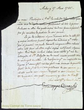 Carta emesa per Giuseppe Bianchi adreçada a un destinatari indeterminat, amb escrit al revers