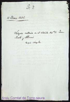 Legado contenido en el codicilo de D. Juan Martí y Albacar. Copia simple / Codicils de Dn. Juan M...