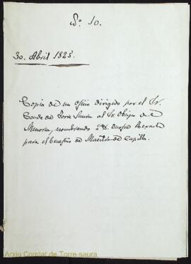 Copia de un oficio dirigido por el Sr. Conde de Torre Saura al Sr. Obispo de Menorca, nombrando á...