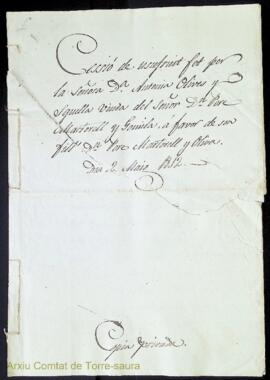 Cessió de usufruit fet per la Señora Dª Antonia Olives y Squella viuda del Señor D. Pere Martorel...