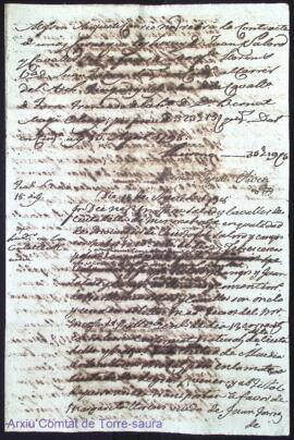 Acta de Margarita Llorens Vda de unas casas ha acquiridas als germans Salord als 13 Agost 1798