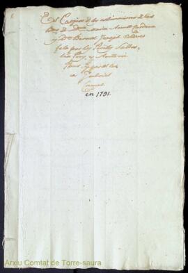 Borredor de las estimacions de la heredad de Dna. Maria Anna Cardona y Dn. Bernat Joseph Olives f...