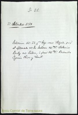 Redención de 23 quarteras trigo censo otorgada por el apoderado de los herederos de Dn. Antonio R...