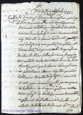 Acta de 24 lliures cens que Miquel Pons quita a Francisquina Enrich als 12 Juliol 1782