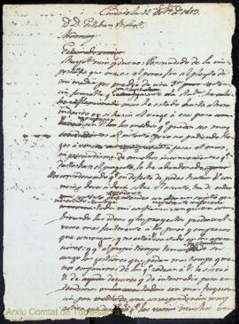 Carta de Bernardo Ignacio Olives i Olives, comte de Torre-saura, adreçada a Esteve Bonet en relac...