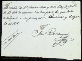 Nota signada per Francisco Preto Banguet d'haver rebut 300 duros de plata de Gabino Olives i Oliv...