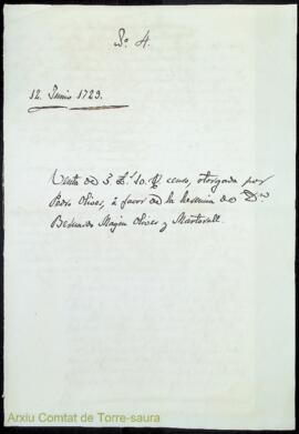 Venta de 5 lliures 10 sous cens otorgada por Pedro Olives, á favor de la herencia de Dn. Bernardo...