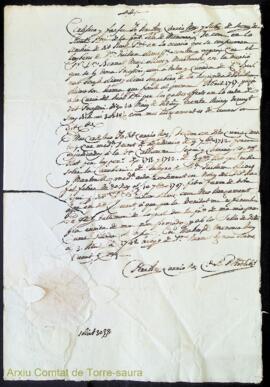 Certificat emès per Pedro Antonio Carrió, notari i secretari de la Curia del Reial Patrimoni de M...