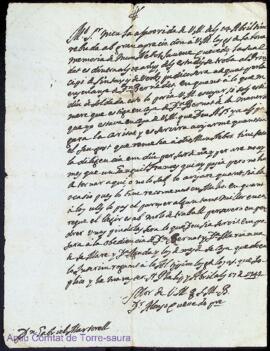 Carta emesa pel prevere Alonso Quevedo adreçada a Gabriel Martorell i Squella en relació al seu n...