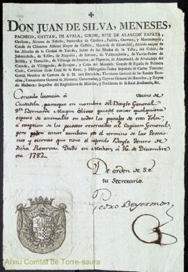 Llicència emesa per Don Juan de Silva, comte de Cifuentes, en nom del batlle general Bernardo Mag...