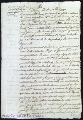 Ajuste y conveni firmat entre Dn. Gabriel Saura, Sebastia Llopis y Juan Faner als 2 de Mars 1799