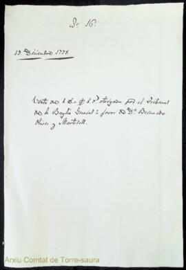 Venta de 1 libra 5 sueldos censo otorgada por el Tribunal de la Baylia General á favor de Dn. Ber...