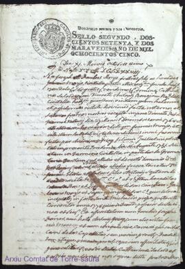 Còpia notarial de 1805 d'una escriptura original de 1778 signada per Agustí Carrió de concòrdia e...