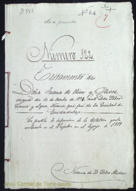 Testamento de Doña Juana de Olives y Olives otorgado dia 14 de Octubre de 1876, ante Don Pedro Ca...