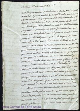 Escrit de Josef Triay, en nom dels propietaris de feus i cavalleries de Menorca, dirigida al Reia...