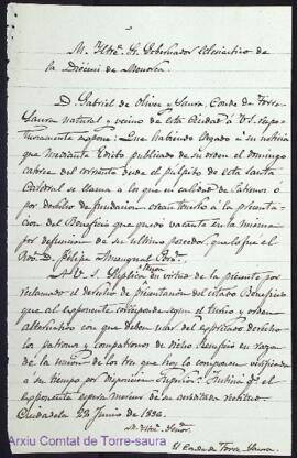 Carta emesa per Gabriel Olives Saura, quart comte de Torre-saura, adreçada al governador eclesiàs...