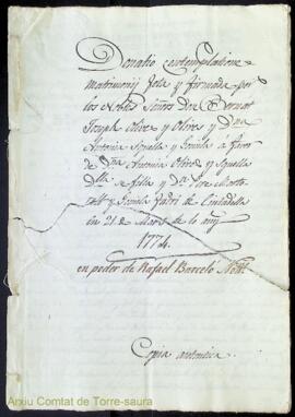 Donatio contemplatione matrimonii feta y firmada per los Nobles Señors Don Bernat Joseph Olives y...