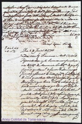 Acta de Domingo Gornals de 1 quartera blat cens ha quitat á Francina Moll als 3 Juliol 1798