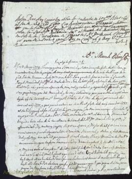 Contracte de 10 quarteres blat cens que Francesquina Enrich i Salom ven a favor de Josep Mercadal...