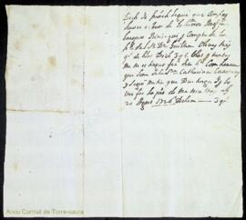 Rebut del lliurament de tres quarteres de blat per a l'any 1726 a Francesc Seguí per part d'Anton...