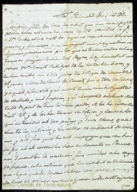 Carta emesa per Bernardo Magin Olives i Martorell des de Palma adreçada al seu fill Bernardo Igna...