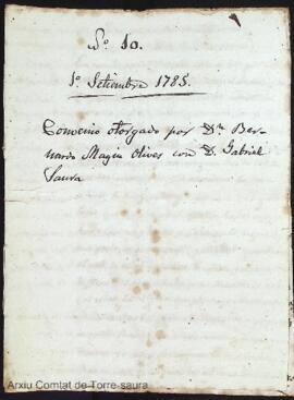Convenio otorgado por D. Bernardo Magin Olives con D. Gabriel Saura, dia 1 de septiembre de 1785