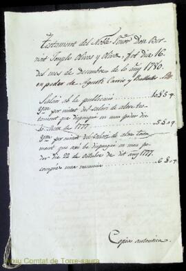 Testament del Noble Señor Don Bernát Joseph Olives y Olives, fet dia 16 del mes de Desembre de lo...