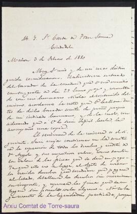 Carta emesa per Francisco Orfila adreçada al comte de Torre-saura