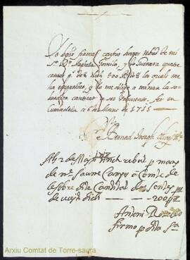 Rebut signat per Bernardo José Olives i Nadal d'haver rebut una quantitat dinerària de Rafaela Go...