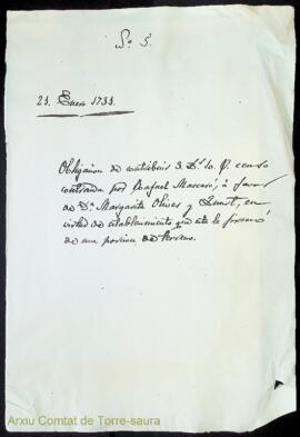 Obligación de contribuir 3 libras 10 sueldos censo contraida por Rafael Mascaró, á favor de Dª Ma...