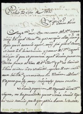 Carta emesa per M. Ballester adreçada a Gabino Olives i Olives, batlle general de Menorca