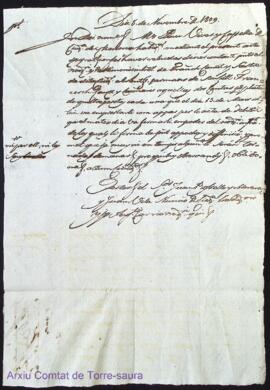 Apocha firmada per Mg. Pare Vives á favor de Francesch Canet y Sastre als 8 Novembre 1809