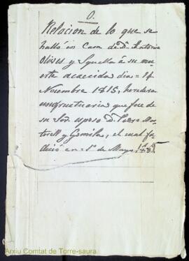 Relación de lo que se halló en Casa de Dª Antonia Olives y Squella á su muerte acaecida dia 14 No...