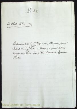 Redención de 1 quartera trigo censo, otorgada por Gabriel Vivó y Francisca Camps, á favor del Sr....