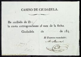 Rebut del Casino de Ciutadella d'haver rebut la quota corresponent al mes de febrer de 1849 de Be...