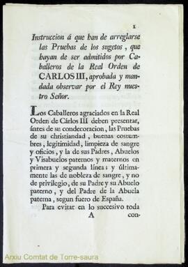 Instruccion á que han de arreglarse las Pruebas de los sugetos, que hayan de ser admitidos por Ca...
