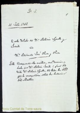 Cartas dotales de Dª Antonia Squella y Gomila con Dn. Bernardo José Olives y Olives. Nota. Compre...