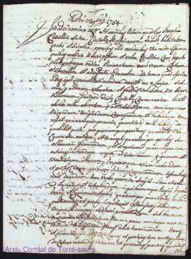 Procura firmada per Joseph Cavaller sabater a favor del Dt. Barthomeu Guitard á 23 Novembre 1754