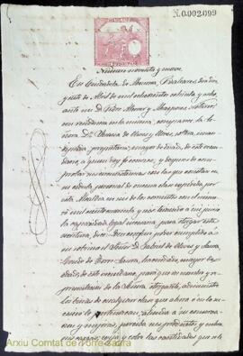 Poder incomplet de Joana Olives i Olives a favor del seu nebot Gabriel Olives i Saura, quart comt...